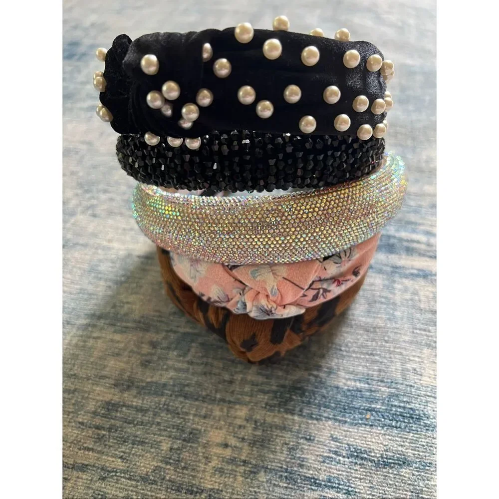 Chunky Headband Lot of 5 Leopard Rhinestone Faux Pearl Floral Beaded